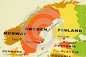 Norway, Sweden and Finland on map photo