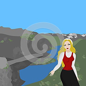 Norway tourism attraction Trolltunga Troll`s Tongue rock. Hiking tourism. Norwegian girl in the National dress. Poster