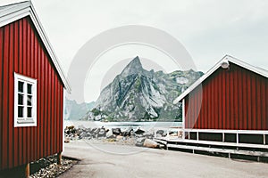 Norway traditional architecture house rorbu and rocky mountains