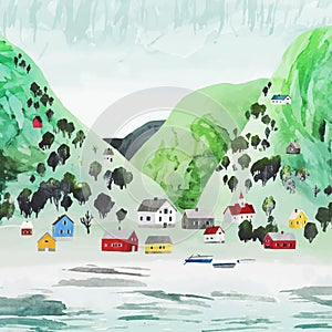 Norway. Undredal, village at Aurland fjord. Watercolor vector landscape with norwegian houses, trees, ships and mountains.