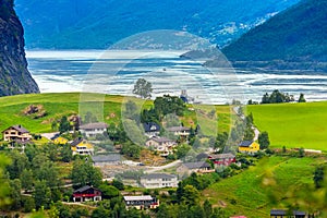 Norway village and fjord landscape in Flam