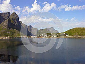 Norway village in Lofoten bay landscape