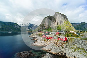 Norway village Reine near the scenic mountains
