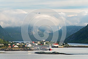 Norway village Reine near the scenic mountains