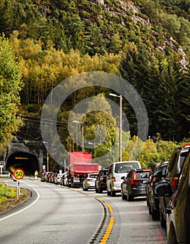 Norway, waiting outside a tunnel where one of the lanes are closed due to construction work