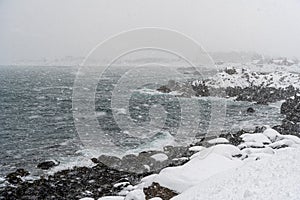 Norway winter storm landscape with heavy snow ,polar circle whether