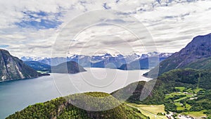 Norwegian aerial landscape: aerial view over the sea and mountains, Norway