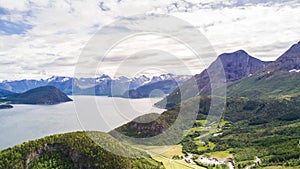 Norwegian aerial landscape: aerial view over the sea and mountains, Norway