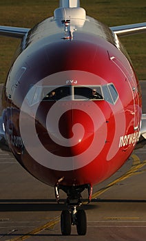 Norwegian Air Shuttle plane, close-up front view