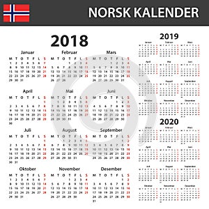 Norwegian Calendar for 2018, 2019 and 2020. Scheduler, agenda or diary template. Week starts on Monday