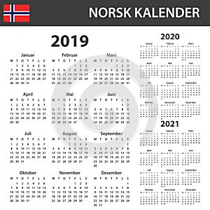 Norwegian Calendar for 2019, 2020 and 2021. Scheduler, agenda or diary template. Week starts on Monday