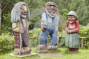 Norwegian carved wooden trolls. Scandinavian folklore. Norway.