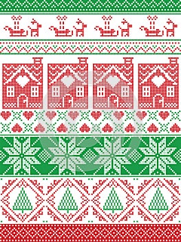 Norwegian Christmas, festive winter seamless pattern in cross stitch with gingerbread house, Christmas tree, heart, reindeer