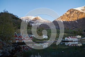 Norwegian countryside with apple orchard and guest houses