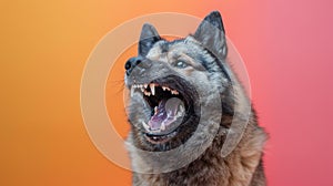 Norwegian Elkhound, angry dog baring its teeth, studio lighting pastel background