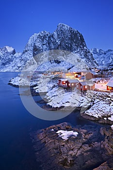 Norwegian fisherman`s cabins on the Lofoten in winter