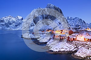 Norwegian fisherman's cabins on the Lofoten in winter photo
