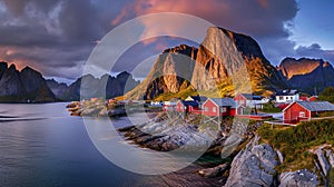 Norwegian fishing village at the Lofoten Islands in Norway. Generative Ai