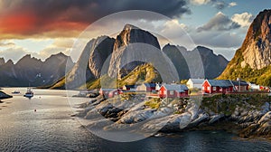 Norwegian fishing village at the Lofoten Islands in Norway. Generative Ai