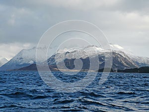 Norwegian fjord during arctic winter North in Helgeland