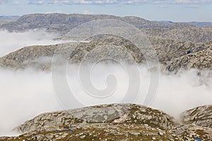 Norwegian fjord cloudy landscape. Lysefjorden area. Norway adventure