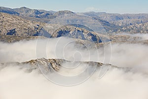 Norwegian fjord cloudy landscape. Lysefjorden area. Norway adventure