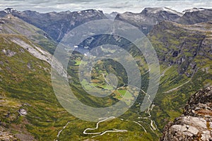 Norwegian fjord landscape. Geiranger village landscape. Cruise t