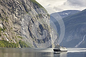 Norwegian fjord landscape. Hellesylt, Geiranger cruise travel.
