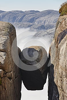 Norwegian fjord landscape. Lysefjorden area. Kjeragbolten landmark. Norway adventure