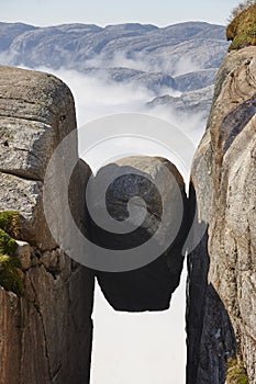 Norwegian fjord landscape. Lysefjorden area. Kjeragbolten landmark. Norway adventure