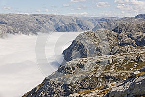 Norwegian fjord landscape. Lysefjorden area. Preikestolen route.