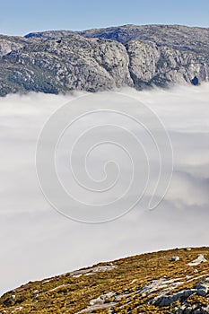 Norwegian fjord landscape. Lysefjorden area. Preikestolen route.