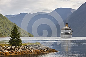 Norwegian fjord landscape. Storfjorden. Hellesylt, Geiranger cruise travel.