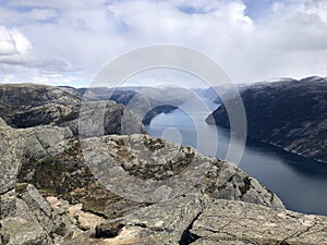 Norwegian fjord Lysefjord or Lysefjorden from top of Preikestolen. Norway landscape. Light fjord