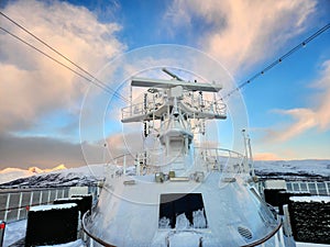 Norwegian fjord - radar, bridge of ship, mountains and dawn sky