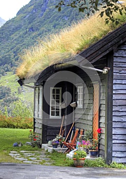 Norwegian house facade with grass roof