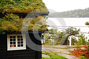 Norwegian house and fjord background, Norway
