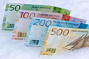 Norwegian kroner, Money lying in the snow, Financial concept, spending freeze