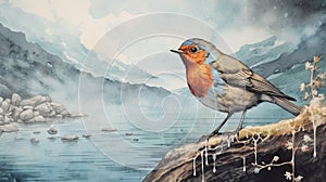 Norwegian Nature: Detailed Watercolor Illustration Of A Robin By A Misty Lake