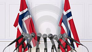 Norwegian official press conference. Flags of Norway and microphones. Conceptual 3D rendering