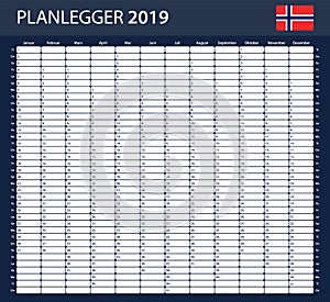 Norwegian Planner blank for 2019. Scheduler, agenda or diary template. Week starts on Monday