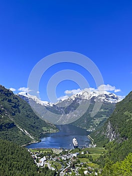 Norwegian port in a beautiful fjord from a bird& x27;s eye view