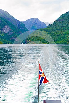 Norwegian Post flag on a ferry in Sognefjord Norway