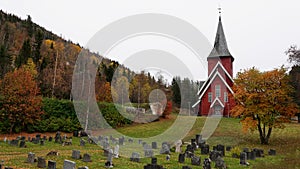 Norwegian red church Hol kyrkje at Hagafoss in Buskerud Norway in autumn