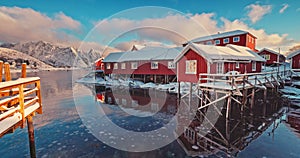 Norwegian sea shore and fishing village in Reine town, Lofoten islands, Norway