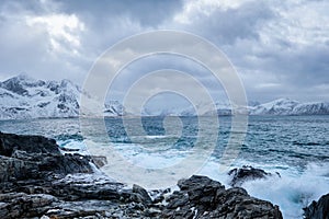 Norwegian Sea waves on rocky coast of Lofoten islands, Norway