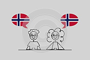 norwegian speakers, cartoon boy and girl with speech bubbles in Norway flag colors, learning norsk language vector