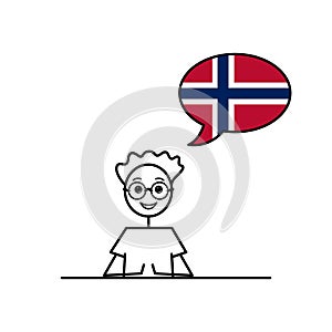 norwegian speaking cartoon boy with speech bubble in flag of Norway colors, male character learning norsk language