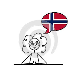 norwegian speaking cartoon girl with speech bubble in flag of Norway colors, female character learning norsk language