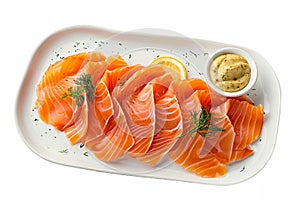 Norwegian-style gravlax platter, with thinly sliced cured salmon, served with mustard sauce, dill, and rye bread